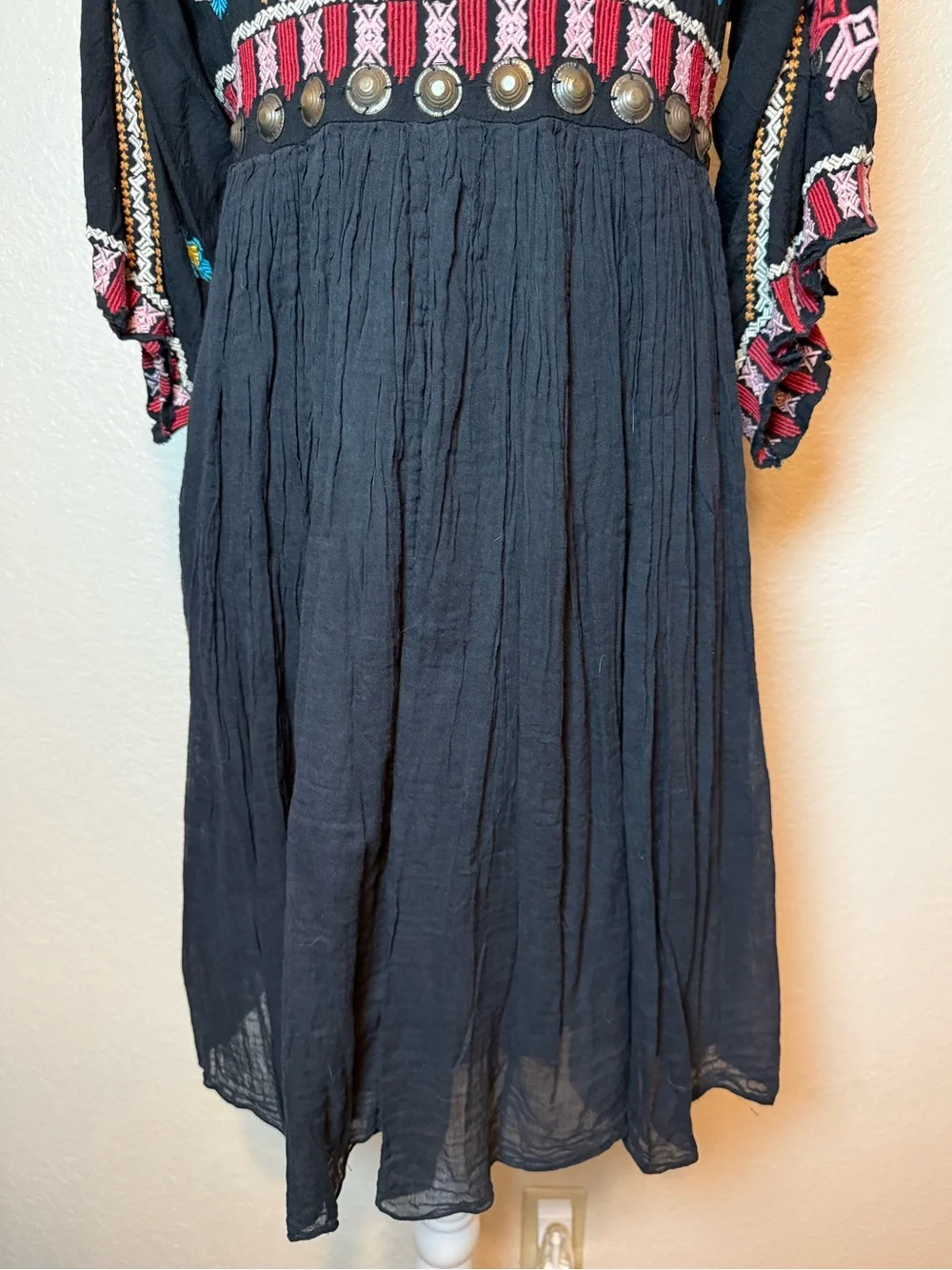 Nina Kaufmann Black Embroidered Embellished Bohemian Dress Medium